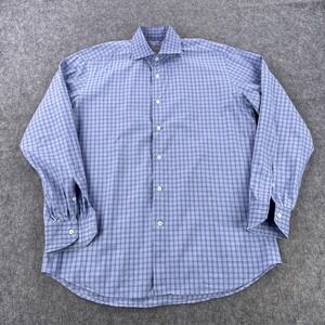 Canali Shirt Mens 16 Blue Gingham Check Made In Italy Dress Long Sleeve